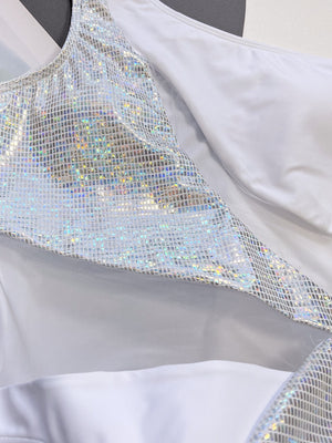 White one-shoulder swimsuit with holographic sequin panel detail