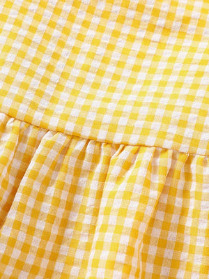 Children's yellow gingham cotton two-piece set with ruffle detail