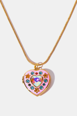 Gold locket heart pendant with iridescent gem, pink enamel, blue gems, and star accents.