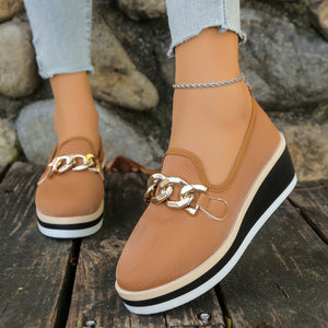 Brown chain decor wedge loafers with a textured finish and layered sole.
