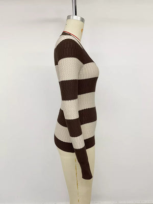 Striped V-neck Knit Top in Coffee Brown, fit detail