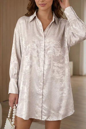 Solid Pattern Mini Long Sleeve Shift Dress in Beige, close-up detail
