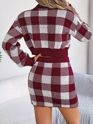 Burgundy checkered knit cropped sweater and mini skirt set