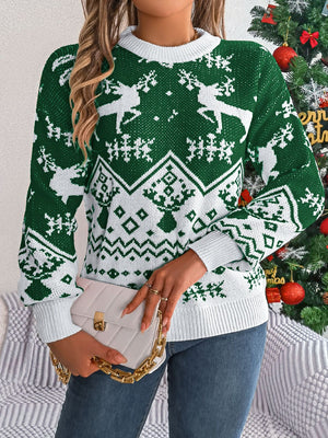 Green acrylic sweater with geometric reindeer and snowflake Fair Isle pattern.