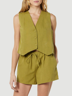 Yellow-green linen vest and drawstring shorts set with button detail.