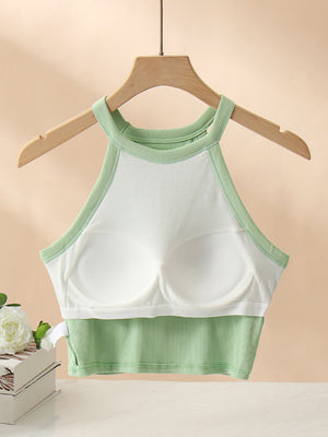Ribbed halter crop top in Gum Leaf with contrast stitching and built-in bra cups.