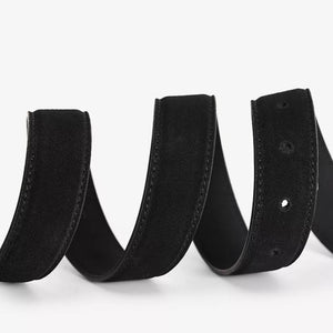 Black cowhide leather belt with stitched edges and visible holes.