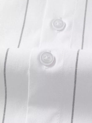 White cotton button-down shirt with subtle grey pinstripes and visible buttons.