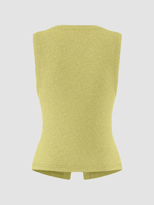 Yellow ribbed button-front fitted tank top with a split hem.