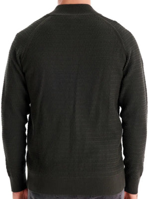 Textured knit stand collar cardigan in Army Green with raglan sleeves.