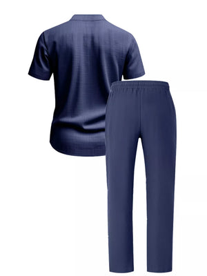Men's Casual Button-up Short Sleeve Shirt And Pants Set, side view