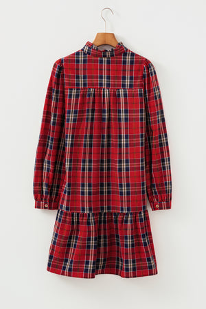 Red tartan mini dress with frilly collar, button-down front, and tiered skirt.