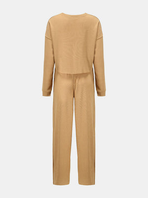 Waffle knit cropped lounge set in mocha, featuring a crewneck top and wide-leg pants.