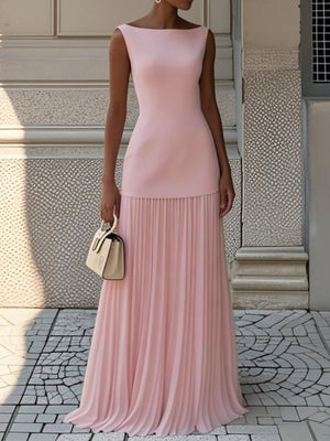 Pink sleeveless boat neck top with pleated maxi skirt set.