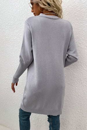 Charcoal ribbed cuff open-front cardigan with a relaxed fit.
