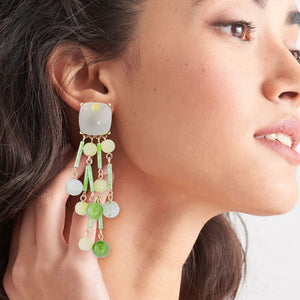 Beaded cascade statement earrings in green and light blue, featuring acrylic beads and alloy accents.