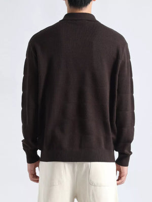 Men's brown knit polo shirt with textured pattern and button accents.