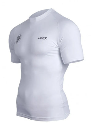 White performance fit crew neck tee with HDEX logo and emblem