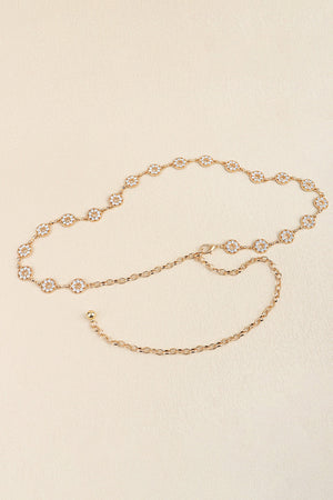 Gold celestial chainmail waist belt with crystal-embellished circular charms and adjustable chain.
