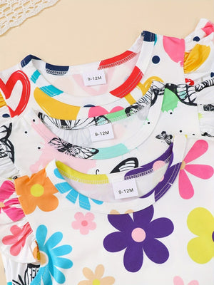 Baby girls' ruffled sleeve one-pieces with colorful floral and butterfly prints.
