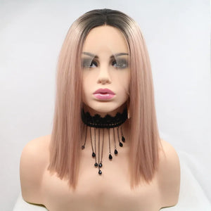 Ombre bob wig in black and pink, straight cut, synthetic hair.