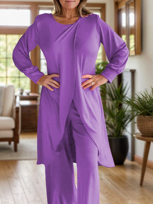 Purple draped overlay palazzo co-ord set with long sleeves and wide-leg pants.