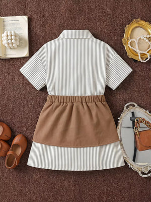 Children's Striped Shirt Dress With Belly Band in Khaki, close-up detail