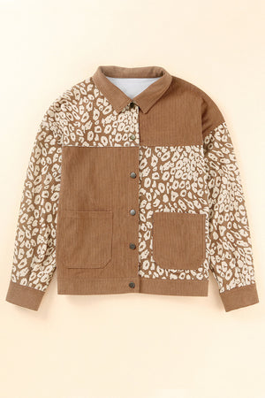 Corduroy jacket in camel with leopard print panels, button front, and chest pockets.