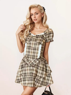 Plaid puff sleeve two-piece set with lace trim and tiered skirt.