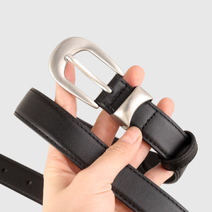 Black leather belt with elegant silver buckle and stitching detail