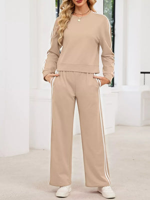 Striped Round Neck Sweatshirt And Pants Set in Black, close-up detail