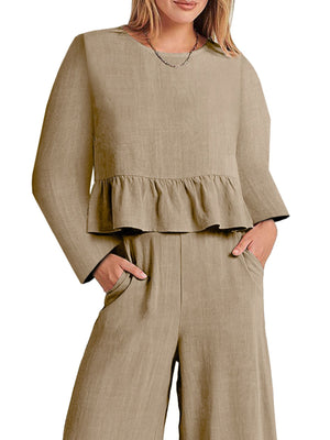 Khaki ruffled hem two-piece set with pockets and long sleeves.