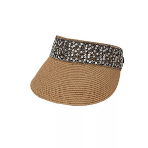Beige straw visor hat with sparkling sequin band and adjustable tie