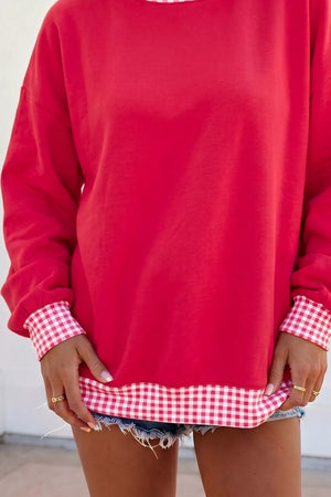 Colorblock Polka Dot Contrast Trim Oversized Sweatshirt in Scarlet, close-up detail