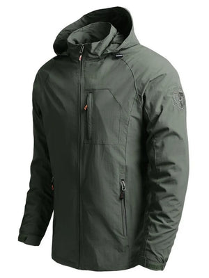 Men's plus size hooded zip jacket in army green with zip pockets and adjustable cuffs.
