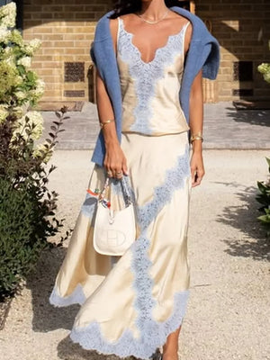 Beige lace cami and skirt set with V-neck and scalloped lace trim.