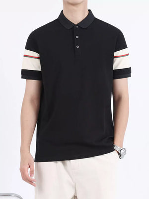 Black combed cotton polo with striped accent sleeves