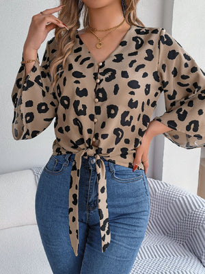 Khaki leopard print tie-front blouse with button detail and bell sleeves
