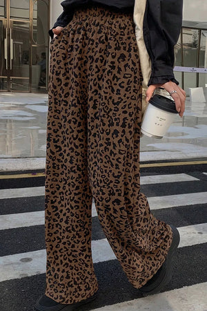 Leopard Print Elastic High Waist Corduroy Pants in Coffee Brown, side view