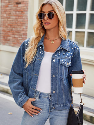 Pearl embellished washed denim jacket with button front and collar.
