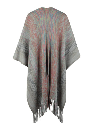Knit wrap coat with fringe hem and colorful striped pattern.