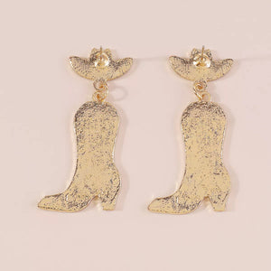 Cowboy boot dangle earrings in gold-plated metal with cowboy hat tops.