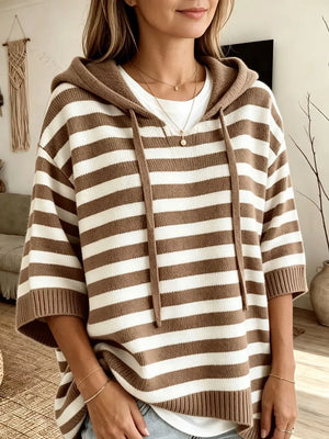 Full Size Drawstring Striped Hooded Sweater in Khaki, close-up detail