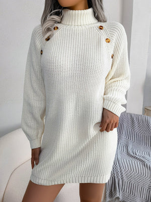 White ribbed knit turtleneck sweater dress with shoulder buttons