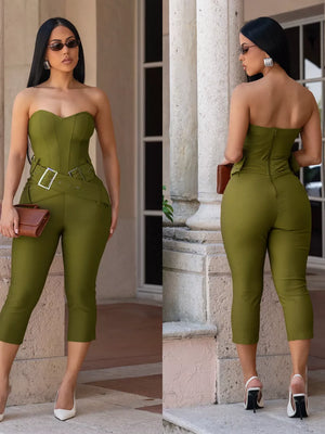 Strapless cinched-waist jumpsuit in moss green with a belted detail and cropped pants.