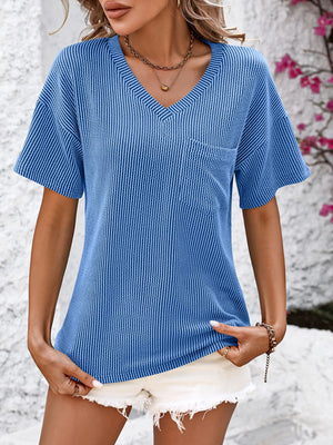 Blue textured ribbed V-neck t-shirt with short sleeves and a chest pocket.