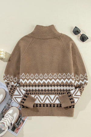 Taupe zip-through knit jacket with Fair Isle pattern and turtleneck.