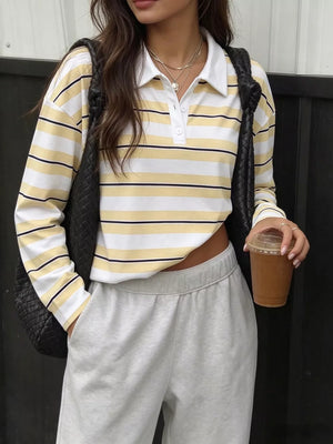 Striped Long Sleeve Polo Top in Yellow, front view