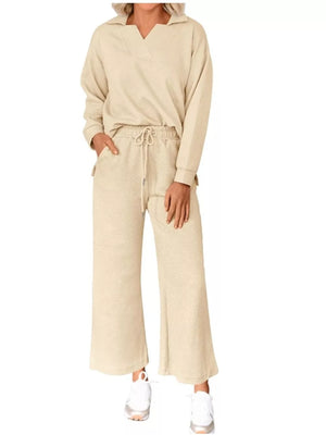 Khaki textured V-neck lounge set with drawstring pants and long sleeves.