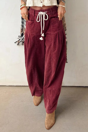 Elastic Waist Drawstring Corduroy Casual Pants in Burgundy, close-up detail